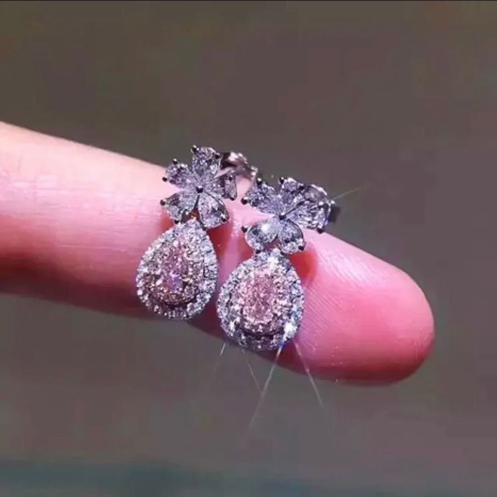 Pink water drop heart fashion flower copper zircon earrings
